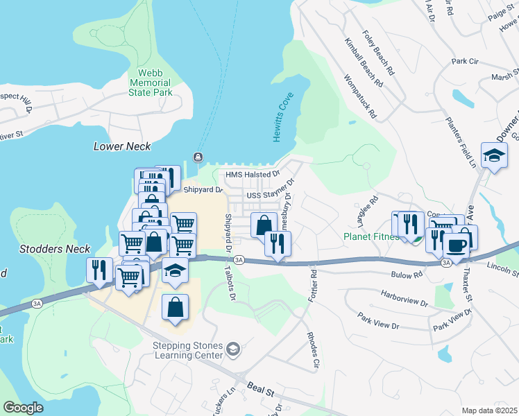 map of restaurants, bars, coffee shops, grocery stores, and more near 108 HMS Stayner Drive in Hingham
