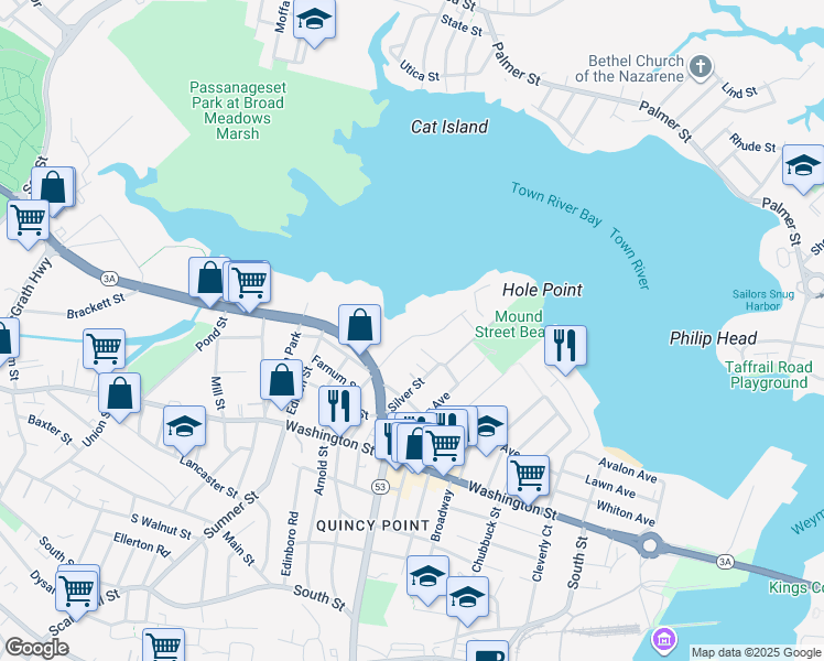 map of restaurants, bars, coffee shops, grocery stores, and more near 100 Cove Way in Quincy