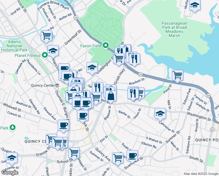 map of restaurants, bars, coffee shops, grocery stores, and more near 51 Newcomb Street in Quincy
