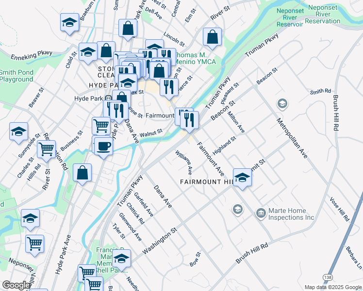 map of restaurants, bars, coffee shops, grocery stores, and more near 715 Truman Parkway in Boston