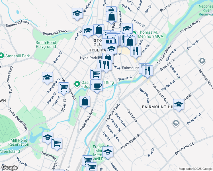 map of restaurants, bars, coffee shops, grocery stores, and more near 1344 Hyde Park Avenue in Boston