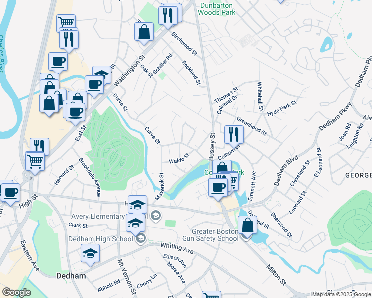 map of restaurants, bars, coffee shops, grocery stores, and more near 43 Curve Street in Dedham