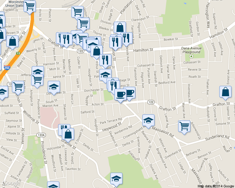 map of restaurants, bars, coffee shops, grocery stores, and more near 442 Grafton Street in Worcester