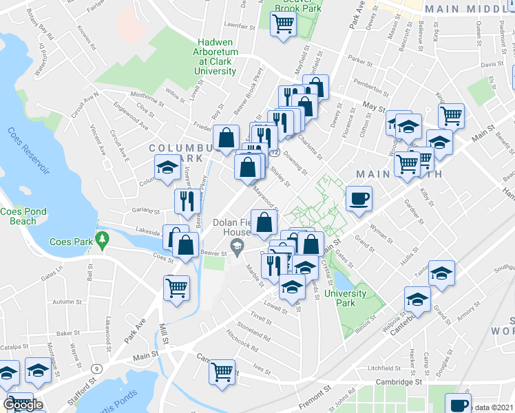 map of restaurants, bars, coffee shops, grocery stores, and more near 36 Birch Street in Worcester