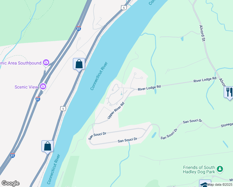 map of restaurants, bars, coffee shops, grocery stores, and more near 2 Promenade Way in South Hadley