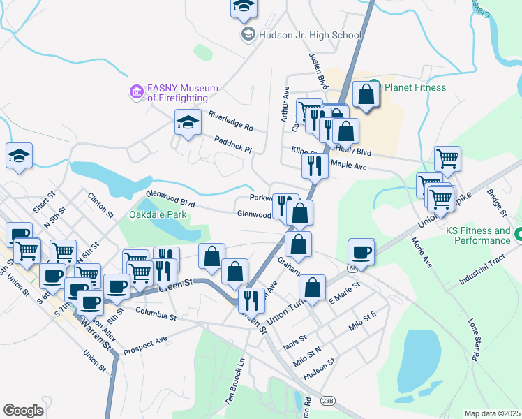 map of restaurants, bars, coffee shops, grocery stores, and more near 33 Parkwood Boulevard in Hudson
