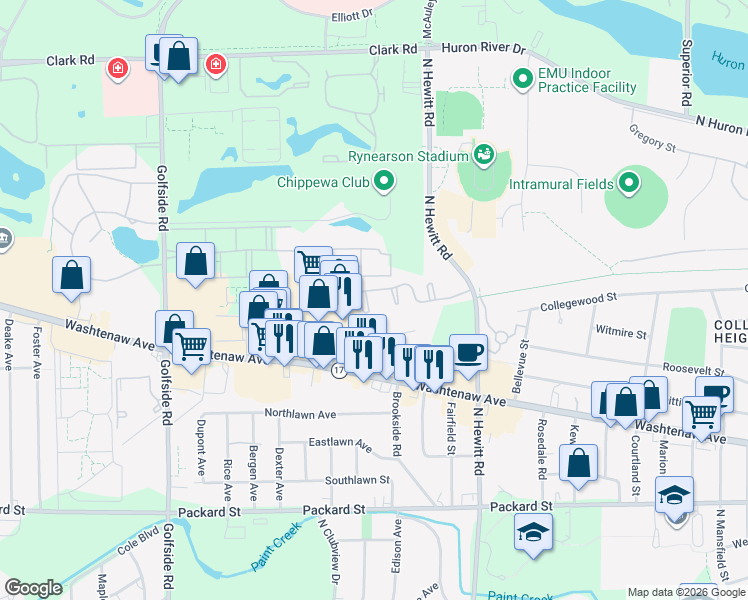 map of restaurants, bars, coffee shops, grocery stores, and more near 2568 Eagles Circle in Ypsilanti