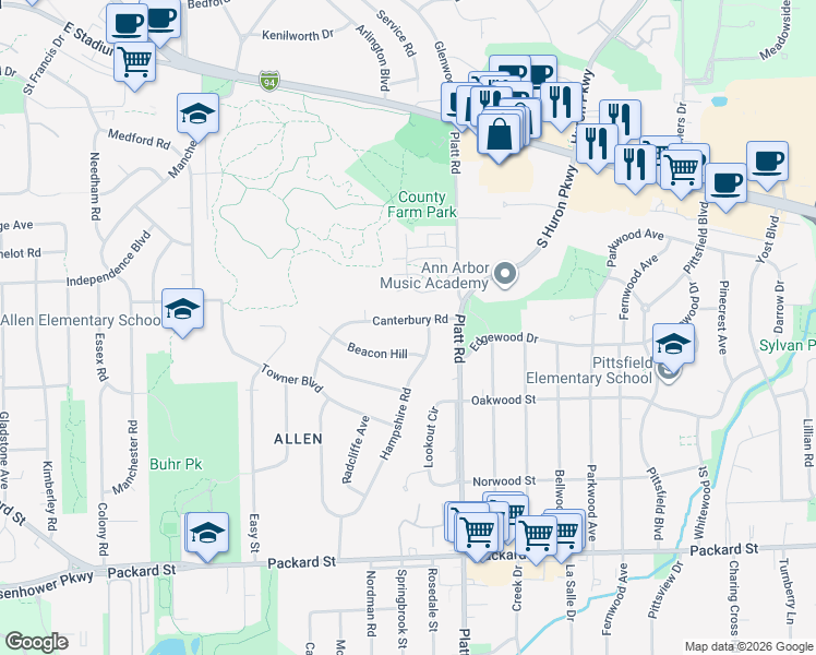 map of restaurants, bars, coffee shops, grocery stores, and more near 2821 Canterbury Road in Ann Arbor