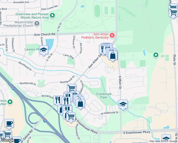 map of restaurants, bars, coffee shops, grocery stores, and more near 2295 Chaucer Drive in Ann Arbor