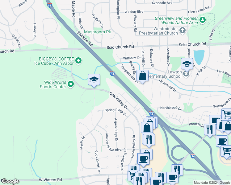 map of restaurants, bars, coffee shops, grocery stores, and more near 2433 Oak Valley Drive in Ann Arbor