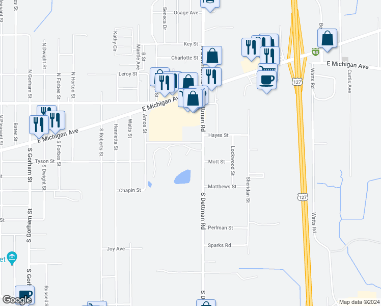 map of restaurants, bars, coffee shops, grocery stores, and more near 2900 South Dettman Road in Jackson