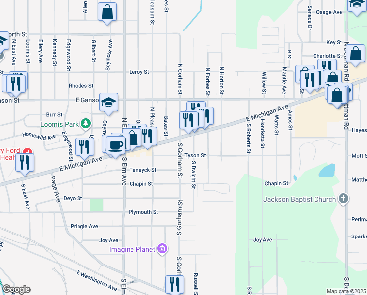 map of restaurants, bars, coffee shops, grocery stores, and more near 106 South Gorham Street in Jackson