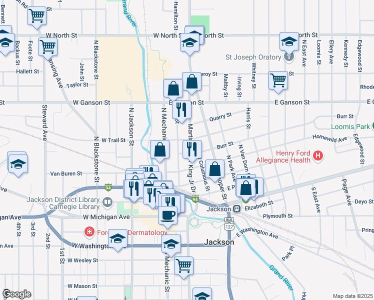 map of restaurants, bars, coffee shops, grocery stores, and more near 300 Burr Street in Jackson