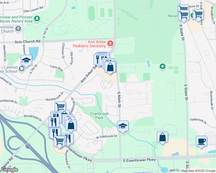 map of restaurants, bars, coffee shops, grocery stores, and more near 111 Fieldcrest Street in Ann Arbor