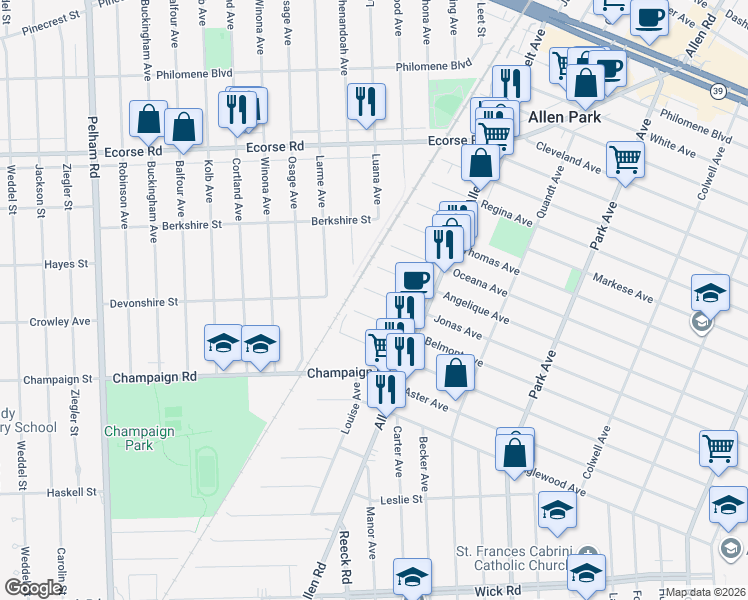 map of restaurants, bars, coffee shops, grocery stores, and more near 16182 Jonas Avenue in Allen Park