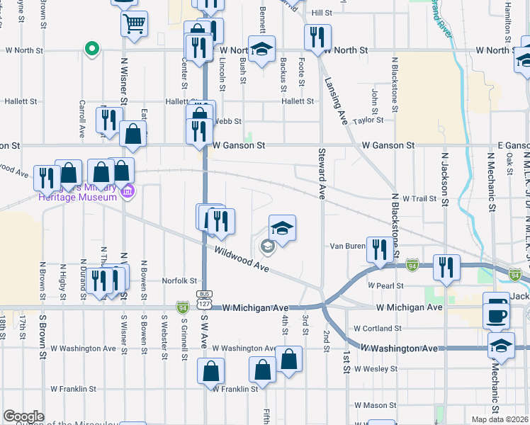 map of restaurants, bars, coffee shops, grocery stores, and more near 551 Woodward Avenue in Jackson
