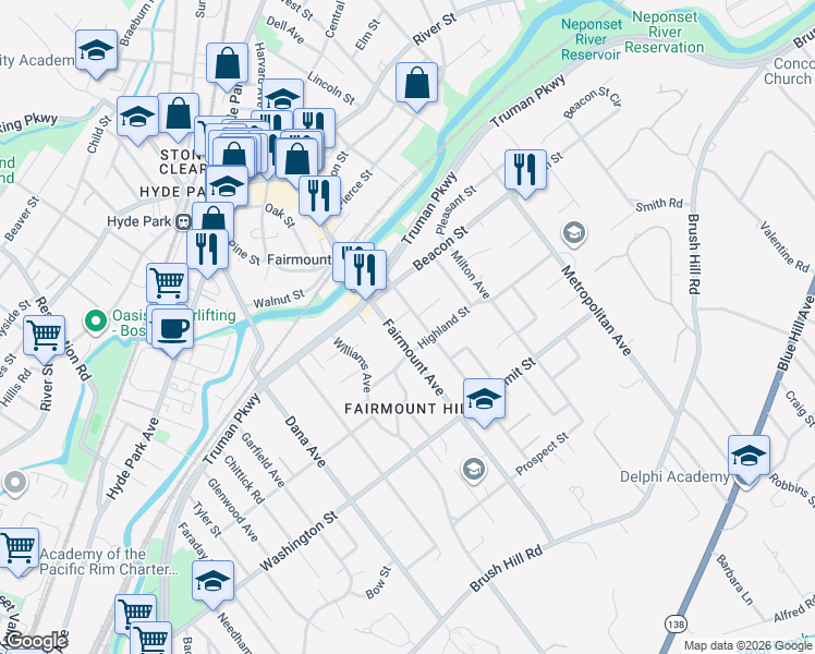 map of restaurants, bars, coffee shops, grocery stores, and more near 196 Fairmount Avenue in Boston