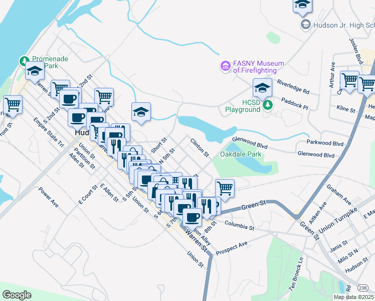 map of restaurants, bars, coffee shops, grocery stores, and more near 518 Washington Street in Hudson