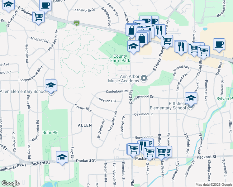 map of restaurants, bars, coffee shops, grocery stores, and more near 2851 Canterbury Road in Ann Arbor