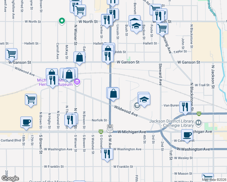 map of restaurants, bars, coffee shops, grocery stores, and more near 403 North West Avenue in Jackson
