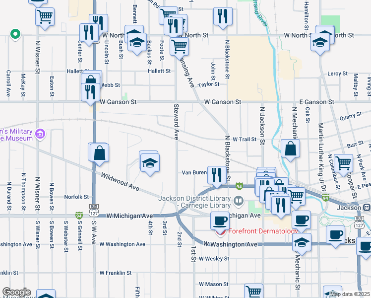 map of restaurants, bars, coffee shops, grocery stores, and more near 408 Demay Court in Jackson