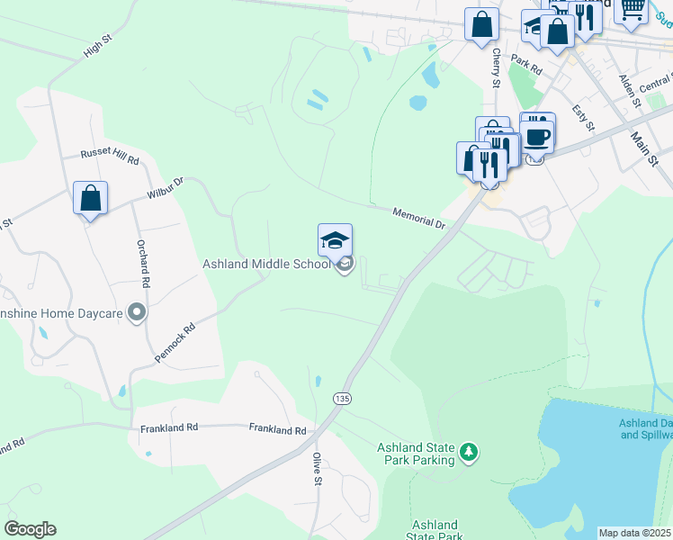 map of restaurants, bars, coffee shops, grocery stores, and more near 87 West Union Street in Ashland