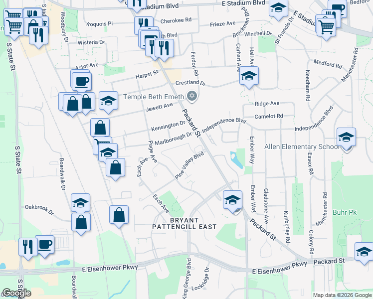 map of restaurants, bars, coffee shops, grocery stores, and more near 1531 Pine Valley Boulevard in Ann Arbor