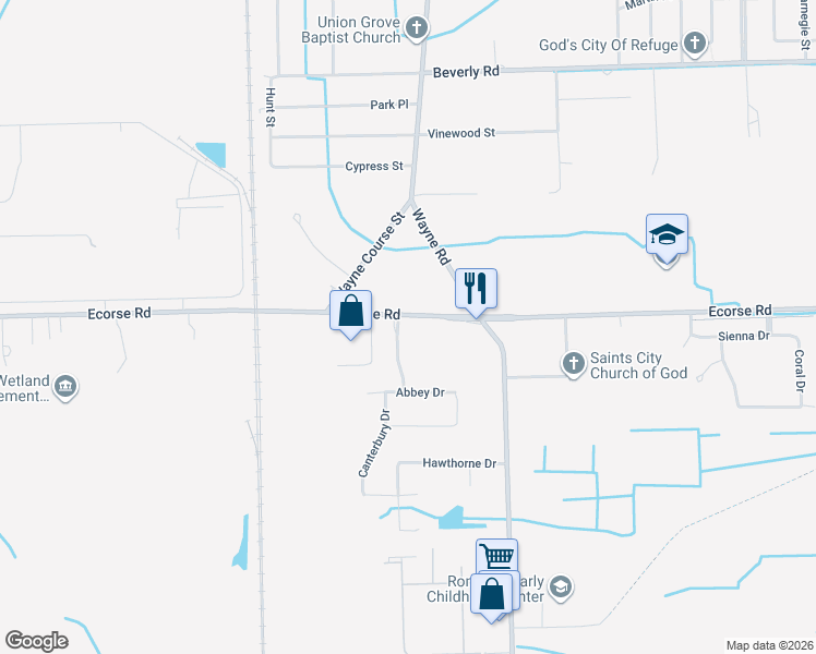 map of restaurants, bars, coffee shops, grocery stores, and more near 7113 Cambridge Drive in Romulus