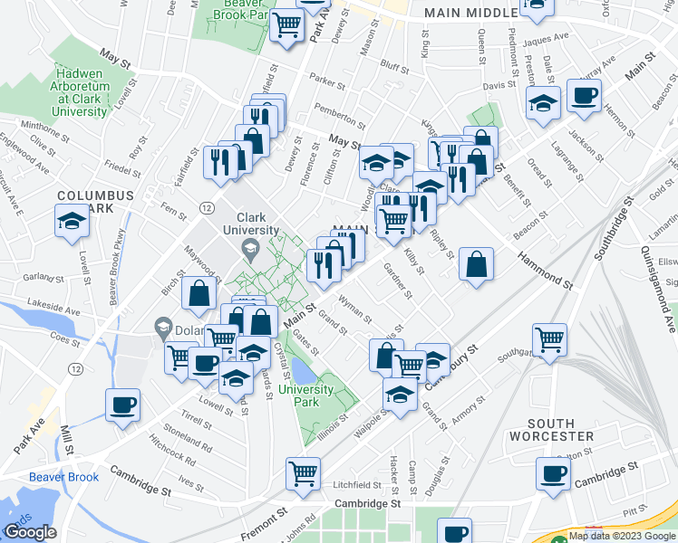 map of restaurants, bars, coffee shops, grocery stores, and more near 7 Hawthorne Street in Worcester