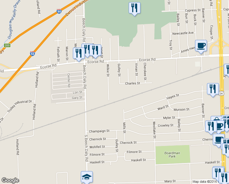 map of restaurants, bars, coffee shops, grocery stores, and more near 7561 Wilkie Street in Taylor