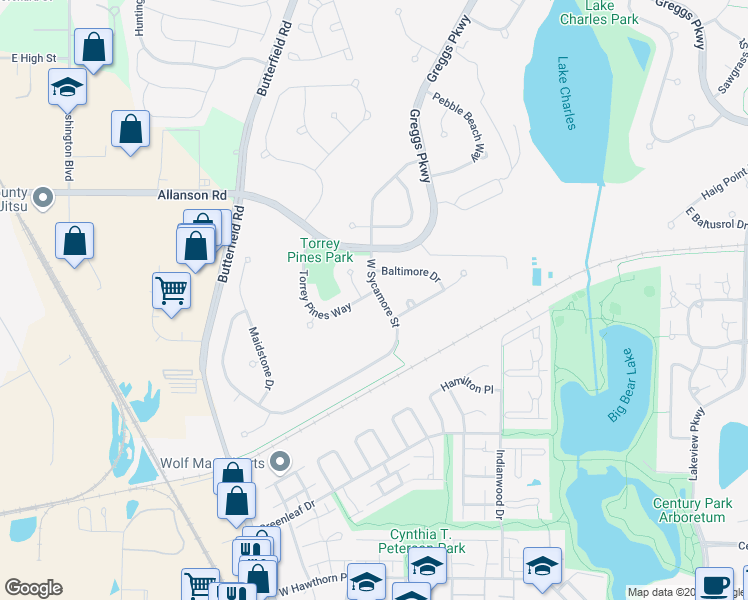 map of restaurants, bars, coffee shops, grocery stores, and more near 357 Torrey Pines Way in Vernon Hills