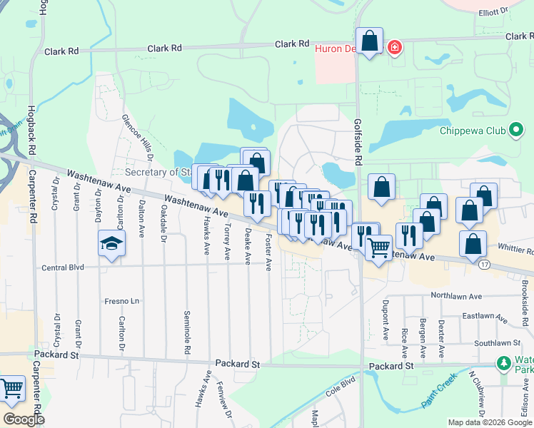 map of restaurants, bars, coffee shops, grocery stores, and more near 4755 Washtenaw Avenue in Ann Arbor