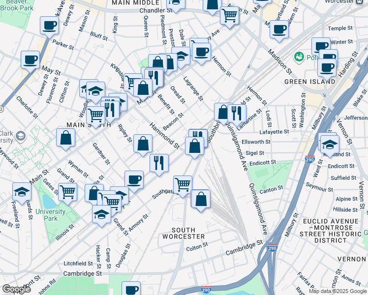 map of restaurants, bars, coffee shops, grocery stores, and more near 43 Hammond Street in Worcester
