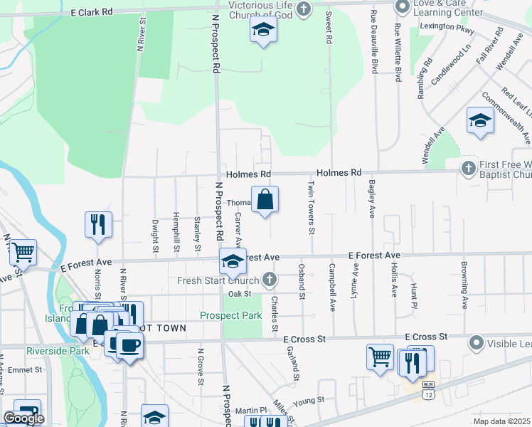 map of restaurants, bars, coffee shops, grocery stores, and more near 725 Charles Street in Ypsilanti