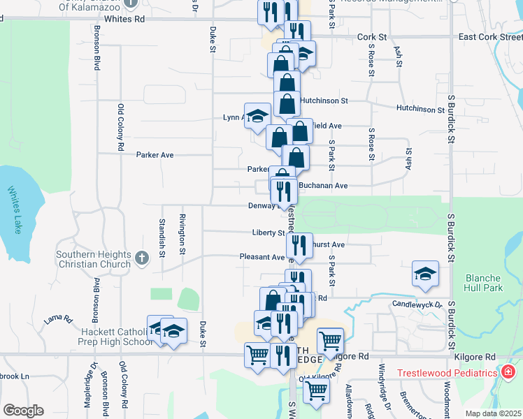 map of restaurants, bars, coffee shops, grocery stores, and more near 607 Denway Drive in Kalamazoo