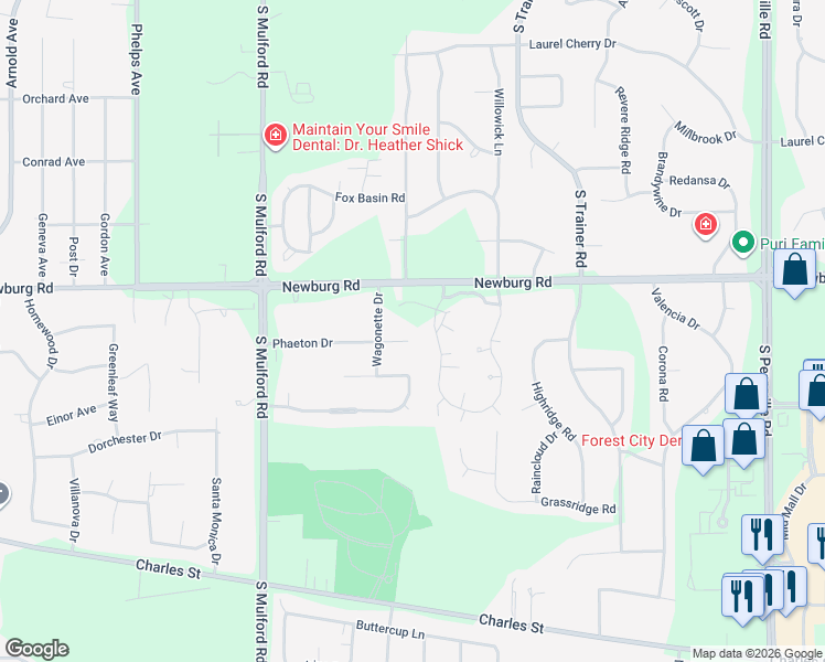 map of restaurants, bars, coffee shops, grocery stores, and more near 6286 Phaeton Drive in Rockford