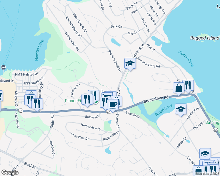 map of restaurants, bars, coffee shops, grocery stores, and more near 38 Crow Point Lane in Hingham