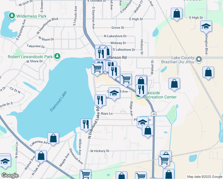 map of restaurants, bars, coffee shops, grocery stores, and more near 304 Shadydell Avenue in Mundelein