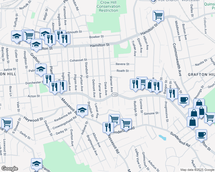 map of restaurants, bars, coffee shops, grocery stores, and more near 175 Dana Avenue in Worcester
