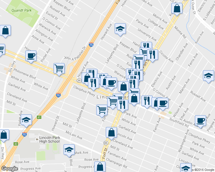 map of restaurants, bars, coffee shops, grocery stores, and more near 1413 Anne Avenue in Lincoln Park