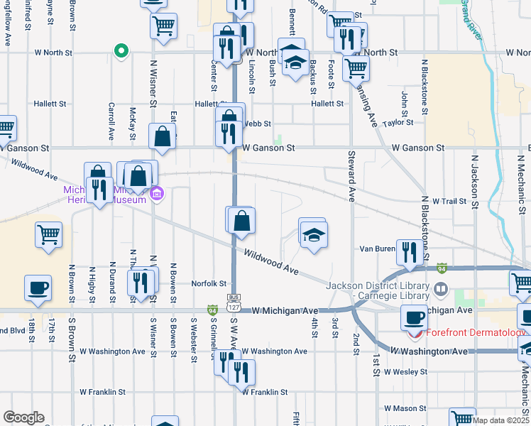 map of restaurants, bars, coffee shops, grocery stores, and more near 347 Carr Street in Jackson