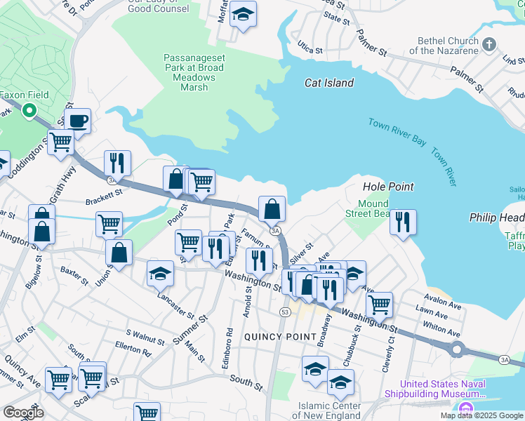 map of restaurants, bars, coffee shops, grocery stores, and more near 728 Massachusetts 3A in Quincy
