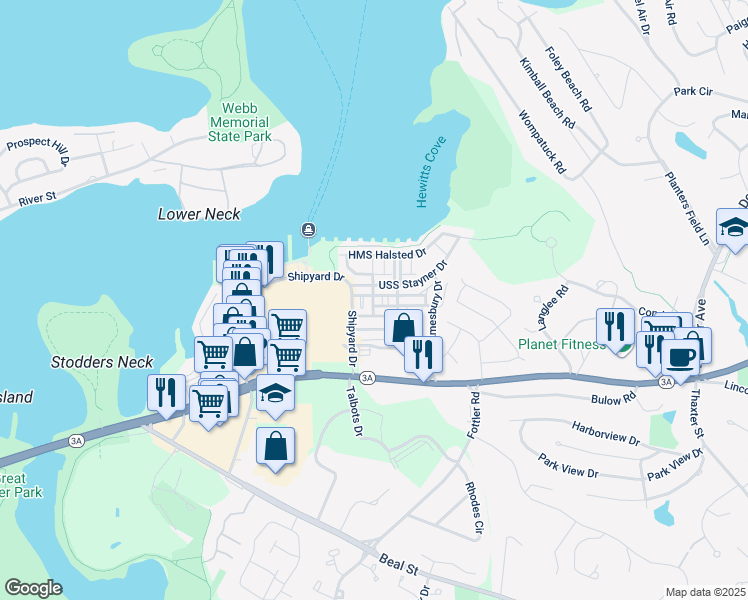 map of restaurants, bars, coffee shops, grocery stores, and more near 138 Whitaker Lane in Hingham
