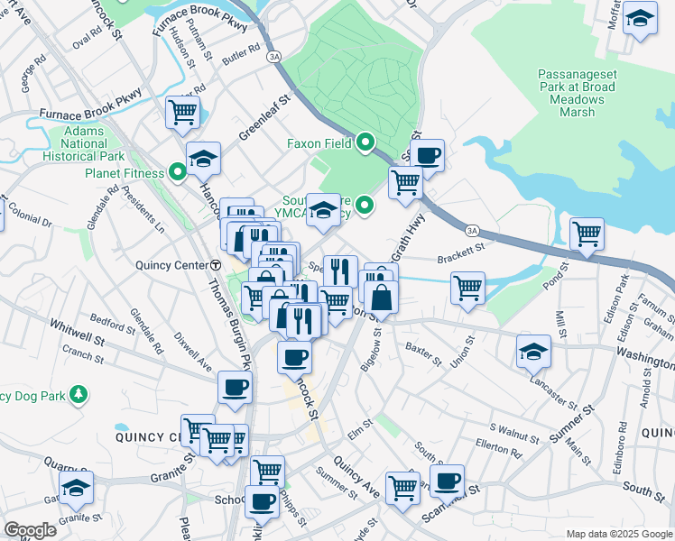 map of restaurants, bars, coffee shops, grocery stores, and more near 42 Spear Street in Quincy