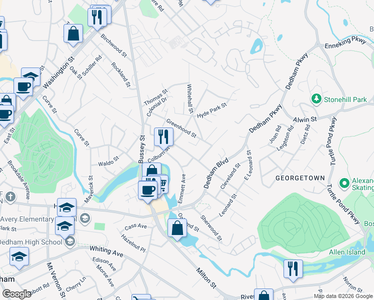 map of restaurants, bars, coffee shops, grocery stores, and more near 12 Parsons Terrace in Dedham