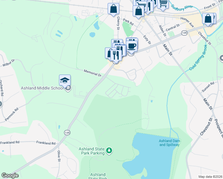 map of restaurants, bars, coffee shops, grocery stores, and more near 20 Voyagers Lane in Ashland