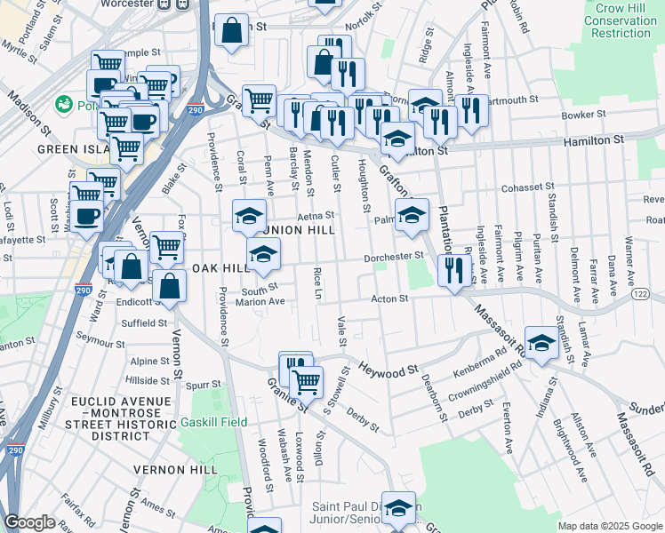 map of restaurants, bars, coffee shops, grocery stores, and more near 127 Dorchester Street in Worcester