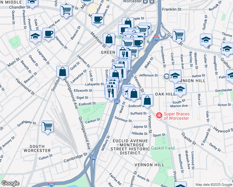 map of restaurants, bars, coffee shops, grocery stores, and more near 117 Millbury Street in Worcester