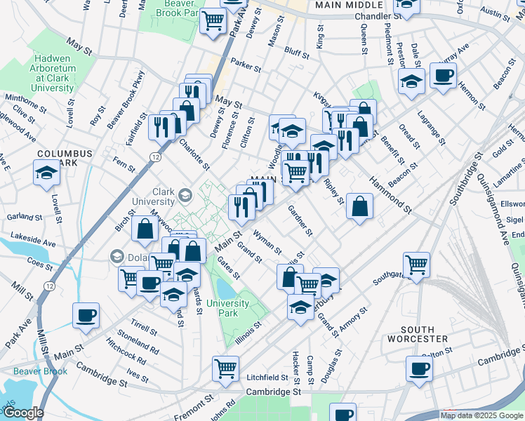 map of restaurants, bars, coffee shops, grocery stores, and more near 2 Hawthorne Street in Worcester