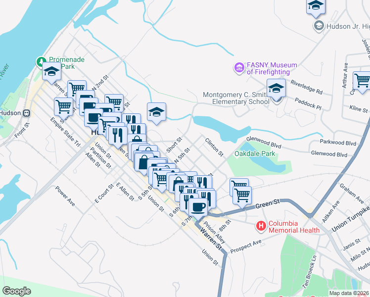 map of restaurants, bars, coffee shops, grocery stores, and more near 93 North 5th Street in Hudson